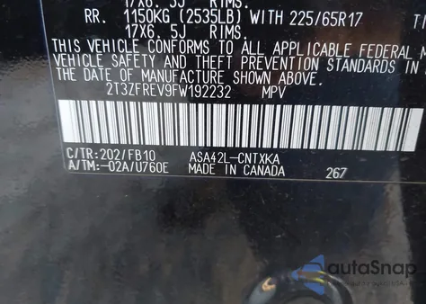 2015 Toyota Rav4 Le из США, поврежденный, VIN 2T3ZFREV9FW192232